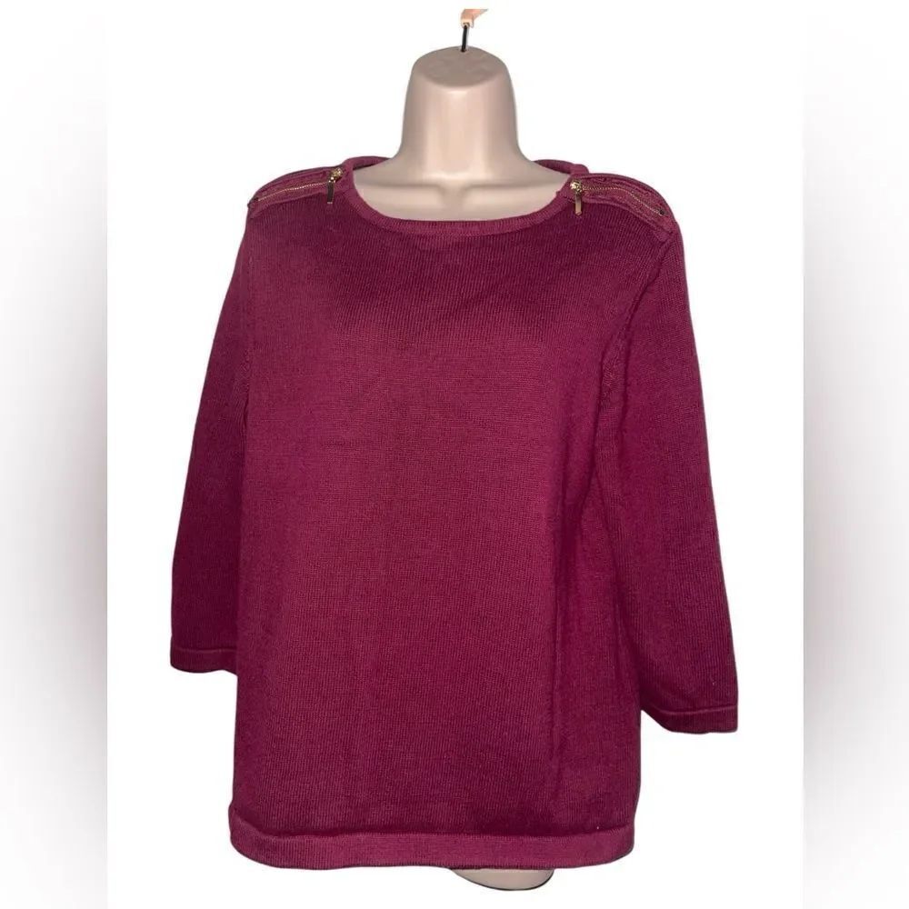 Karen Scott Women's Burgundy 3/4 Sleeve Cotton Sweater Size XL Zipper Shoulder